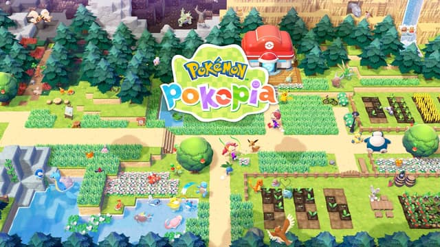 Visuel de Pokémon Pokopia : un village de Pokémon avec champs, rivière et maisons vu de haut
