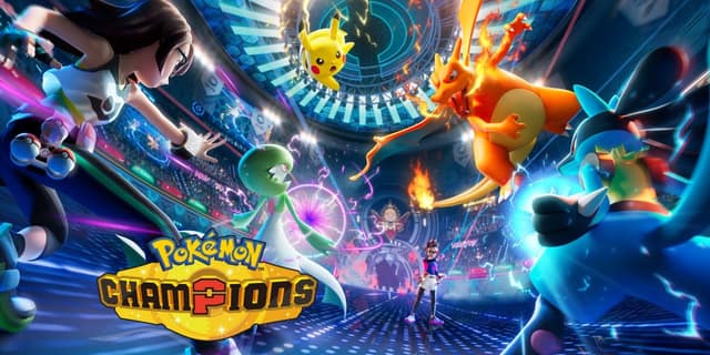 Visuel de Pokémon Champions : Pikachu, Dracaufeu et d'autres Pokémon en plein combat dans une arène