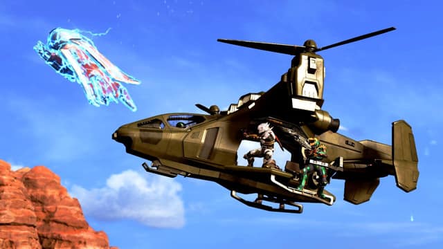Un appareil volant à rotors transporte des Spartans au-dessus d'un canyon rouge dans Halo Infinite