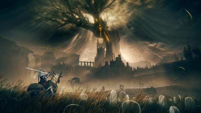 Un cavalier traverse une plaine d'herbes hautes devant un arbre géant et un château, dans Shadow of the Erdtree
