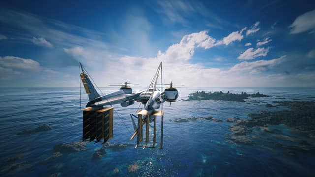 Un appareil volant à hélices survole l'océan près d'îlots rocheux dans Final Fantasy VII Revelation