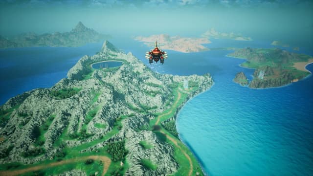 Un vaisseau volant survole une île montagneuse entourée d'une mer turquoise, en HD-2D, dans Final Fantasy Resonance