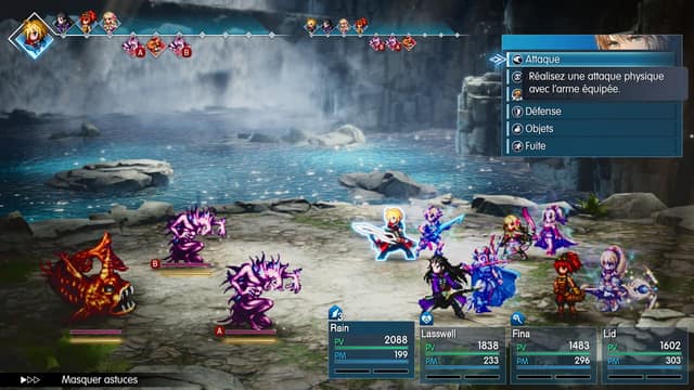 Combat au tour par tour en pixel art au bord d'une cascade, menu Attaque ouvert, dans Final Fantasy Resonance