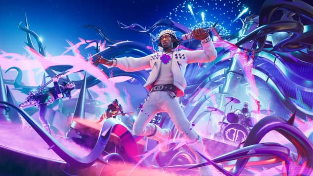 Un chanteur en costume blanc saute sur une scène illuminée de Fortnite Festival, entouré de ses musiciens