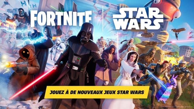 Dark Vador, la princesse Leia, Chewbacca et d'autres personnages de Star Wars dans Fortnite, sous les logos Fortnite et Star Wars