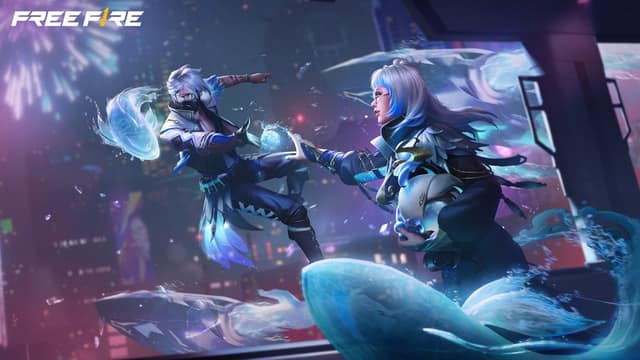 Deux personnages de Free Fire aux pouvoirs de glace et d'eau s'affrontent au-dessus d'une ville illuminée