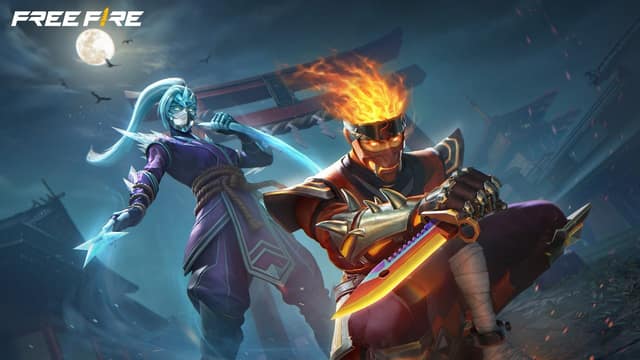 Deux personnages de Free Fire, l'un masqué, l'autre à la tête enflammée tenant un couteau doré, sous la pleine lune