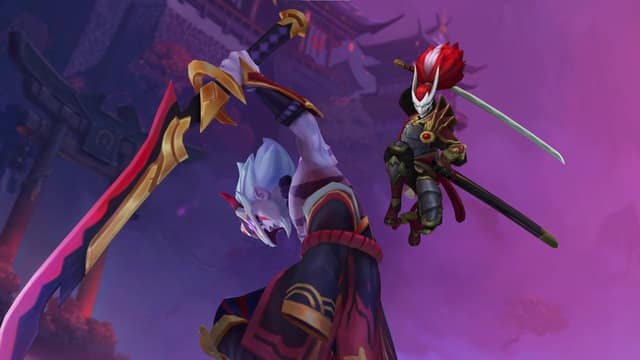 Deux combattants masqués, l'un à la grande lame rouge, l'autre au sabre, s'affrontent sur fond violet