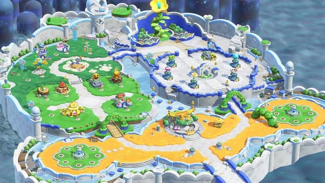 Vue d'ensemble du parc Bellabel, îles et attractions colorées, dans Super Mario Bros. Wonder – Nintendo Switch 2 Edition
