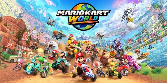Visuel de Mario Kart World : des dizaines de pilotes en course sur une route, sous le logo du jeu
