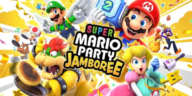 Visuel de Super Mario Party Jamboree : Mario, Luigi, Peach, Bowser et leurs amis autour du logo