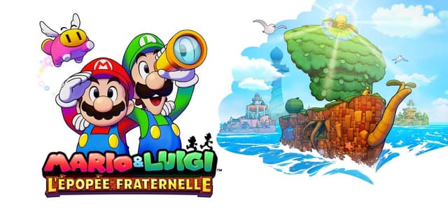 Visuel de Mario & Luigi : L'épopée fraternelle : les deux frères à la longue-vue, une île-navire en mer