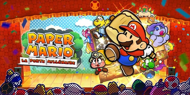 Visuel de Paper Mario : La Porte Millénaire : Mario en papier et ses compagnons sur une scène de théâtre