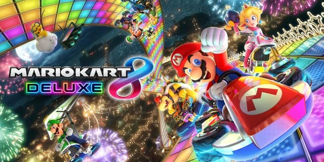 Visuel de Mario Kart 8 Deluxe : Mario au volant de son kart, entouré d'autres pilotes sur la Route arc-en-ciel
