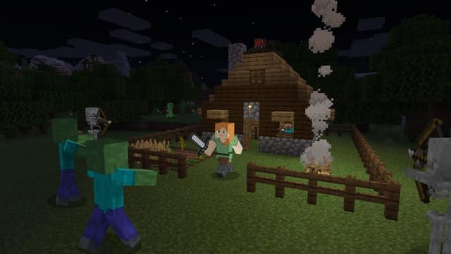 La nuit, Alex, épée en main, fait face à des zombies et des squelettes devant une maison en bois et son enclos