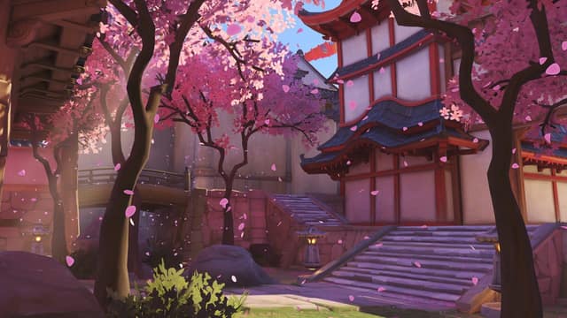 Cerisiers en fleurs et temple japonais sur une carte d'Overwatch