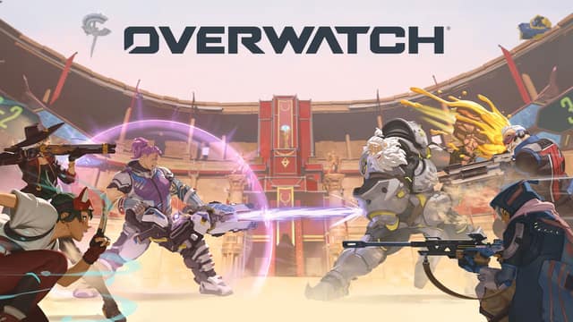 Visuel officiel d'Overwatch : des héros s'affrontent dans une arène, sous le logo Overwatch