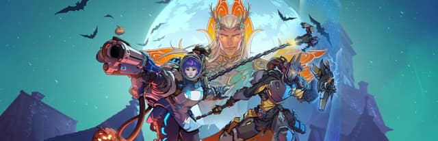Visuel Steam d'Overwatch : plusieurs héros en costumes d'Halloween sous une pleine lune
