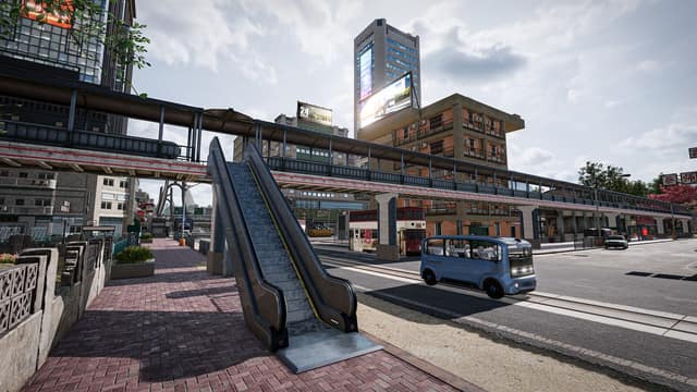 Rue d'une ville moderne avec escalator, passerelle, immeubles et minibus