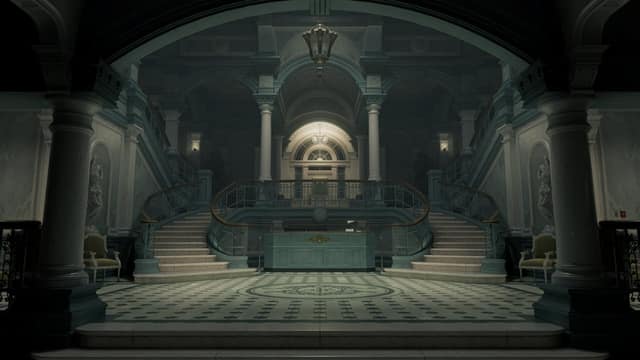 Un grand hall à colonnes avec un double escalier et un sol en damier dans Resident Evil Requiem