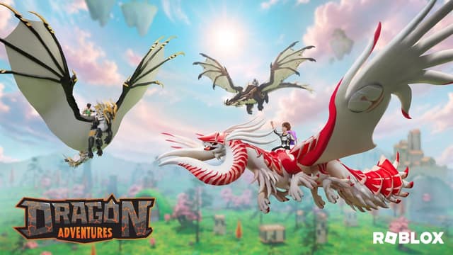 Des joueurs chevauchent des dragons au-dessus d'une prairie dans Dragon Adventures