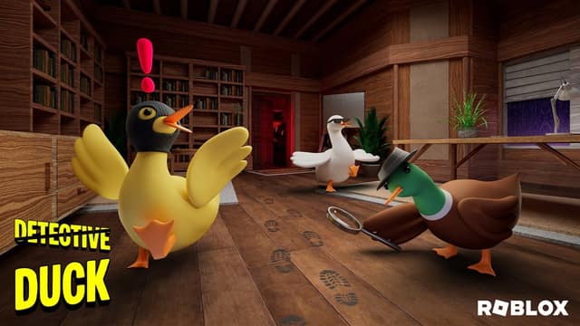 Des canards détectives enquêtent avec une loupe dans une bibliothèque en bois, dans Detective Duck