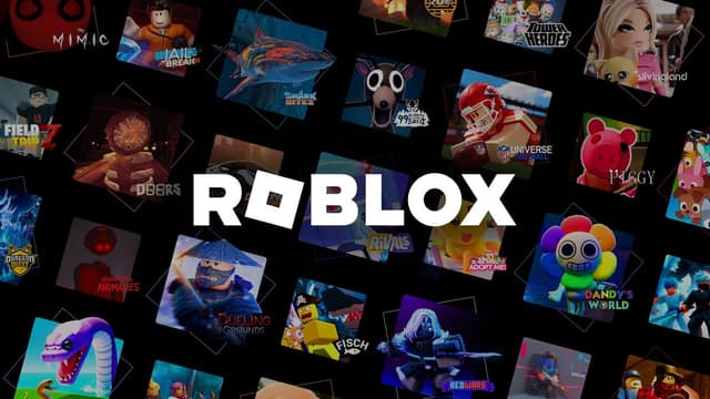 Visuel officiel de Roblox : le logo au centre d'une mosaïque de vignettes de jeux
