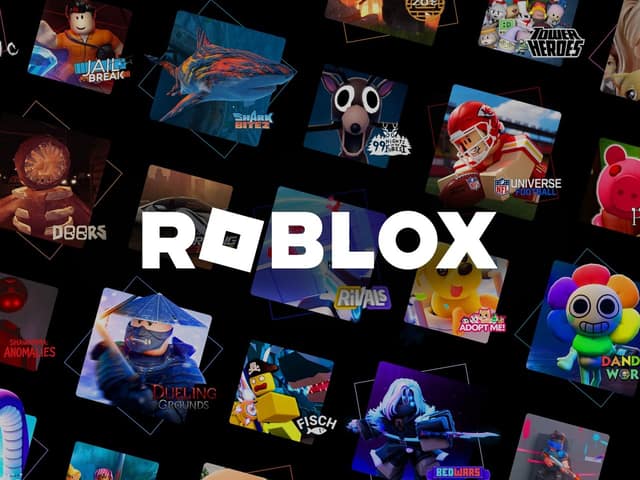Visuel officiel de Roblox : le logo sur une mosaïque de jeux, dont Rivals, Fisch et Dandy's World