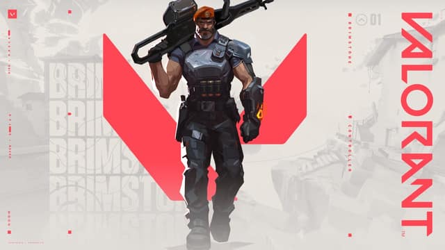 Fond d'écran officiel de Brimstone, agent en tenue militaire et béret rouge, une arme sur l'épaule, devant le logo Valorant