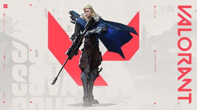 Fond d'écran officiel de Sova, agent aux cheveux blonds et à la cape bleue, arme en main, devant le logo Valorant