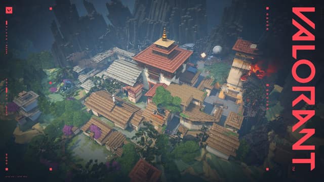 Fond d'écran officiel de la carte Haven : un monastère aux toits rouges vu du ciel