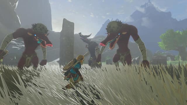 Link, bouclier au dos, dans les hautes herbes face à trois monstres, dont deux Moblins rouges, dans Tears of the Kingdom