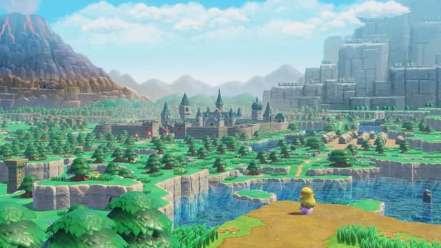 La princesse Zelda contemple le château d'Hyrule et son lac depuis une colline dans Echoes of Wisdom