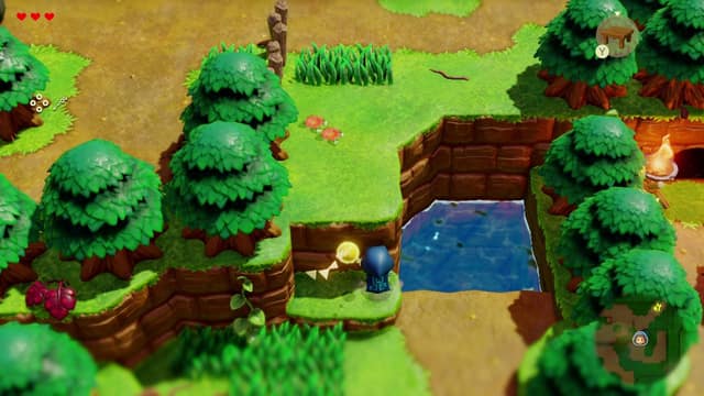 La princesse Zelda, encapuchonnée, près d'un bassin entouré d'arbres, vue de dessus, dans Echoes of Wisdom