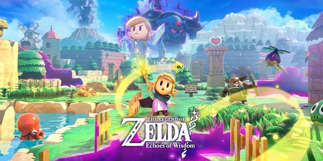 Visuel de The Legend of Zelda: Echoes of Wisdom : la princesse Zelda, sceptre en main, dans un Hyrule envahi de failles violettes, Link et un monstre au-dessus d'elle