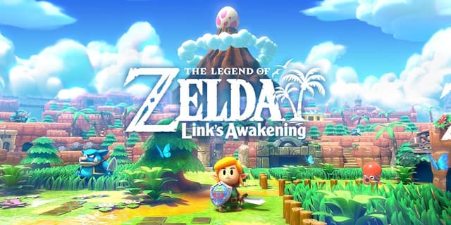 Visuel de Link's Awakening sur Nintendo Switch : Link sur l'île Cocolint, sous le logo, un œuf géant au sommet de la montagne
