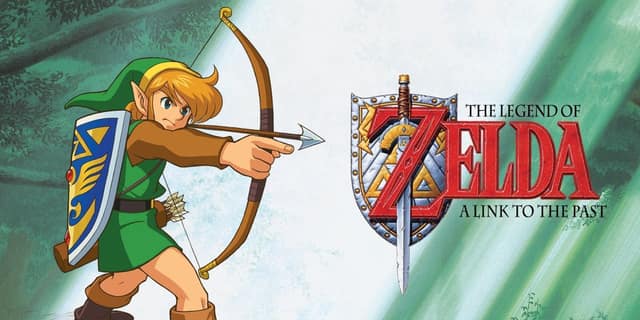Illustration de A Link to the Past : Link tire à l'arc à côté du logo Zelda