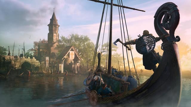 Un drakkar viking approche d'une ville anglaise au bord d'une rivière