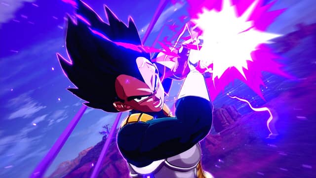 Vegeta lance une attaque d'énergie violette au-dessus d'un plateau rocheux