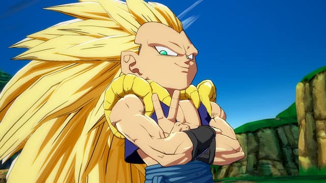 Gotenks en Super Saiyan 3, bras croisés, faisant le V de la victoire