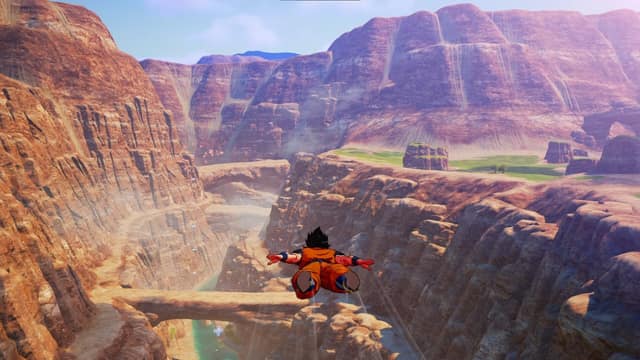Goku vole au-dessus d'un grand canyon rocheux