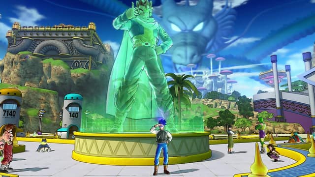 La place centrale de Conton City, avec une grande statue holographique et des joueurs