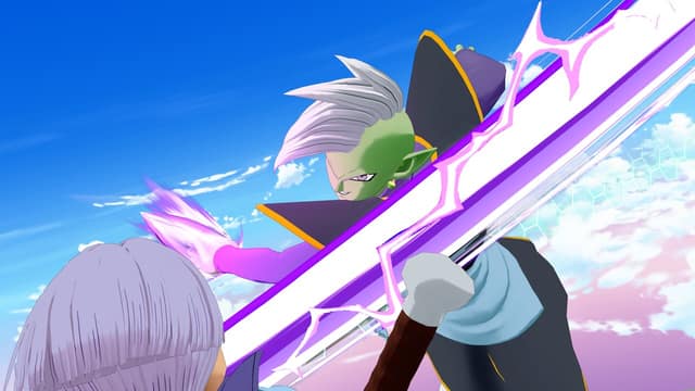 Zamasu attaque avec une lame d'énergie violette face à Trunks
