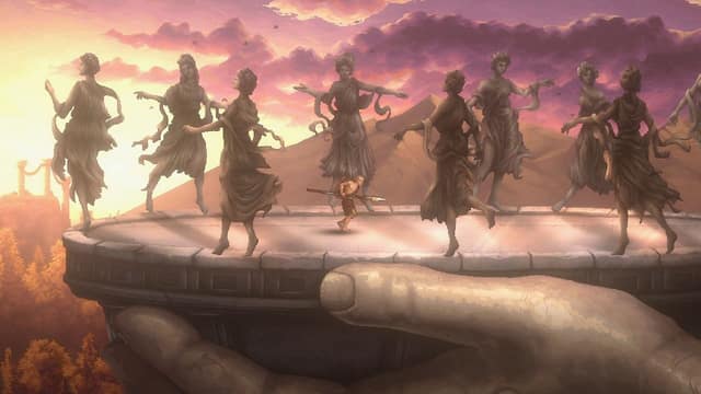 Scène en 2D dessinée : un jeune guerrier sur une plateforme portée par une main géante, entouré de statues de danseuses