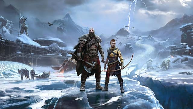 Visuel de God of War Ragnarök : Kratos et Atreus debout sur un lac gelé, sous la foudre