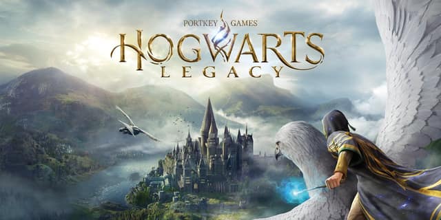 Visuel de Hogwarts Legacy sur Switch 2 : une élève sur un hippogriffe, baguette lumineuse, face au château de Poudlard