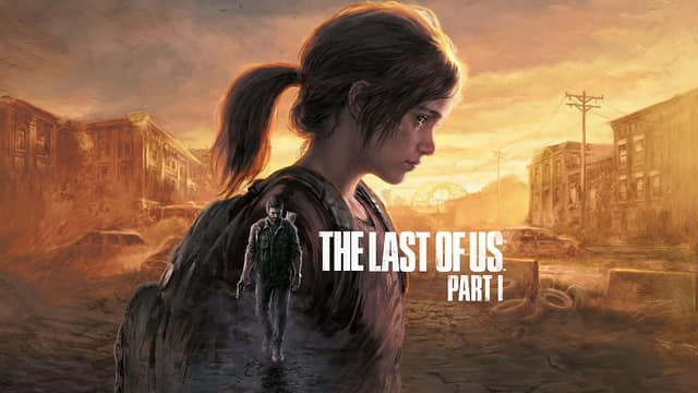 Visuel de The Last of Us Part I : Ellie, une ville en ruine dorée en fond, Joel en petit à ses côtés