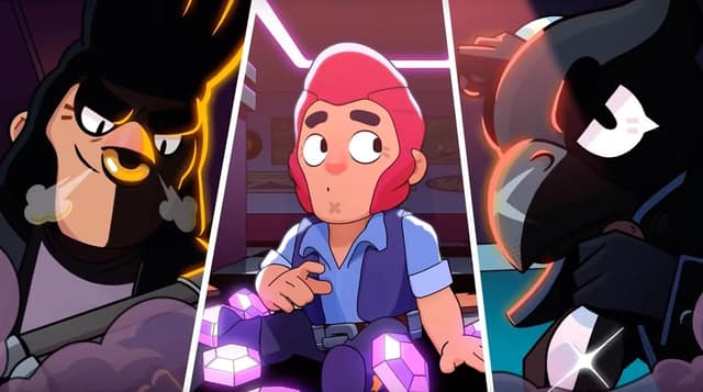 Trois brawlers en vignettes, dont Colt entouré de gemmes violettes