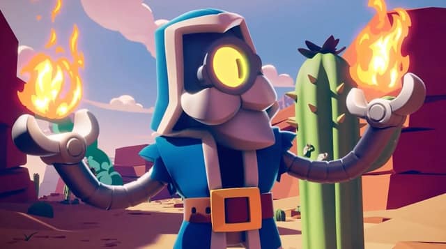 Barley en tenue de magicien, des flammes dans les mains, à côté d'un cactus