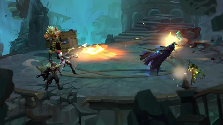 Ruined King A League of Legends Story : un combat au tour par tour dans une grotte turquoise
